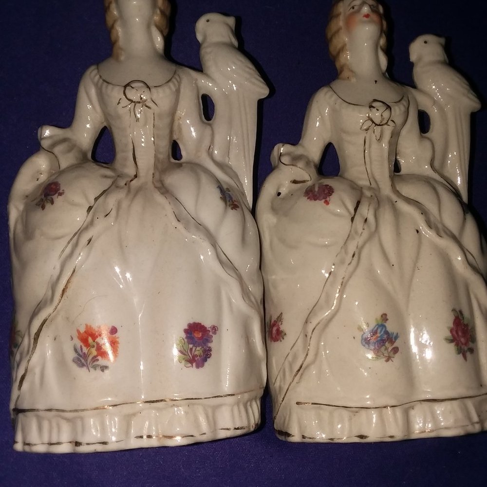 Vtg Victorian lady wall pocket parrot shoulder Japan floral design white gold